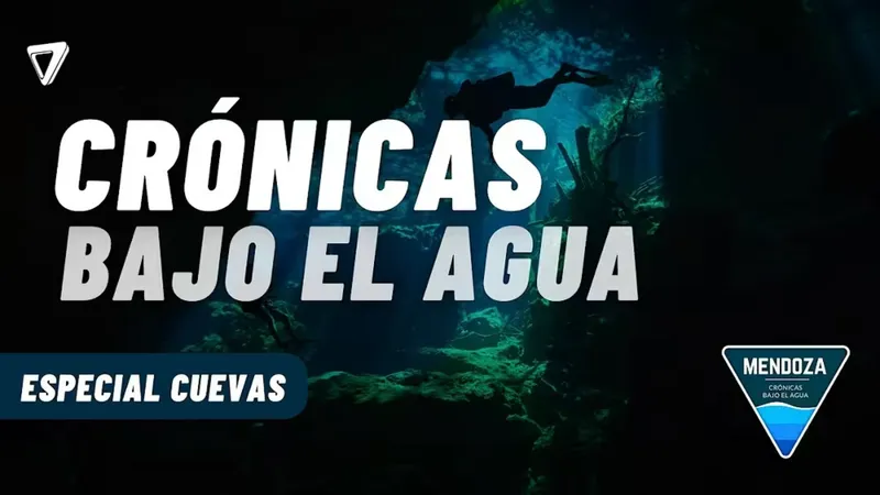 Portada de Crónicas Bajo el Agua, Especial Cuevas: silueta de un buzo dentro de una cueva sumergida